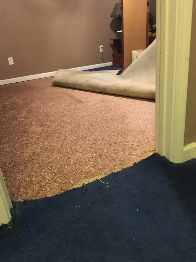 Carpet pad removal revealing water damage during Water Mitigation Services in Hoosick